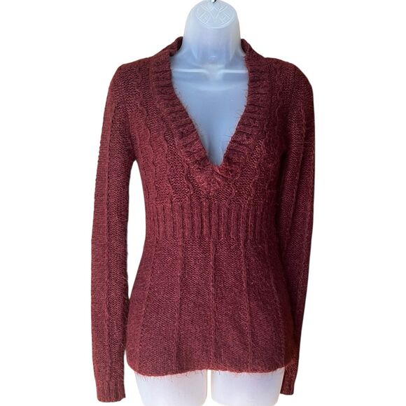 Arizona Wine Red V Neck Fitted Fuzzy Knit Sweater Sz S Y2K Goblincore Whimsigoth - Picture 10 of 14